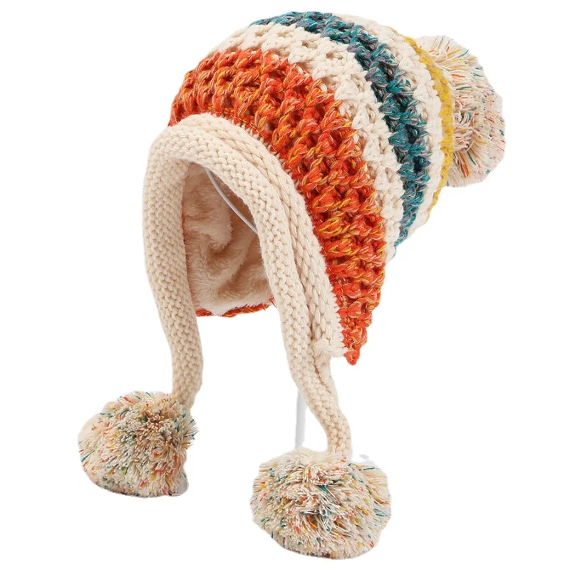 

2022 New Winter Knitted Hats Women Patchwork Pompon Balls Earflap Caps Ladies Warm Thick Winter Beanies Female Beanie Hat