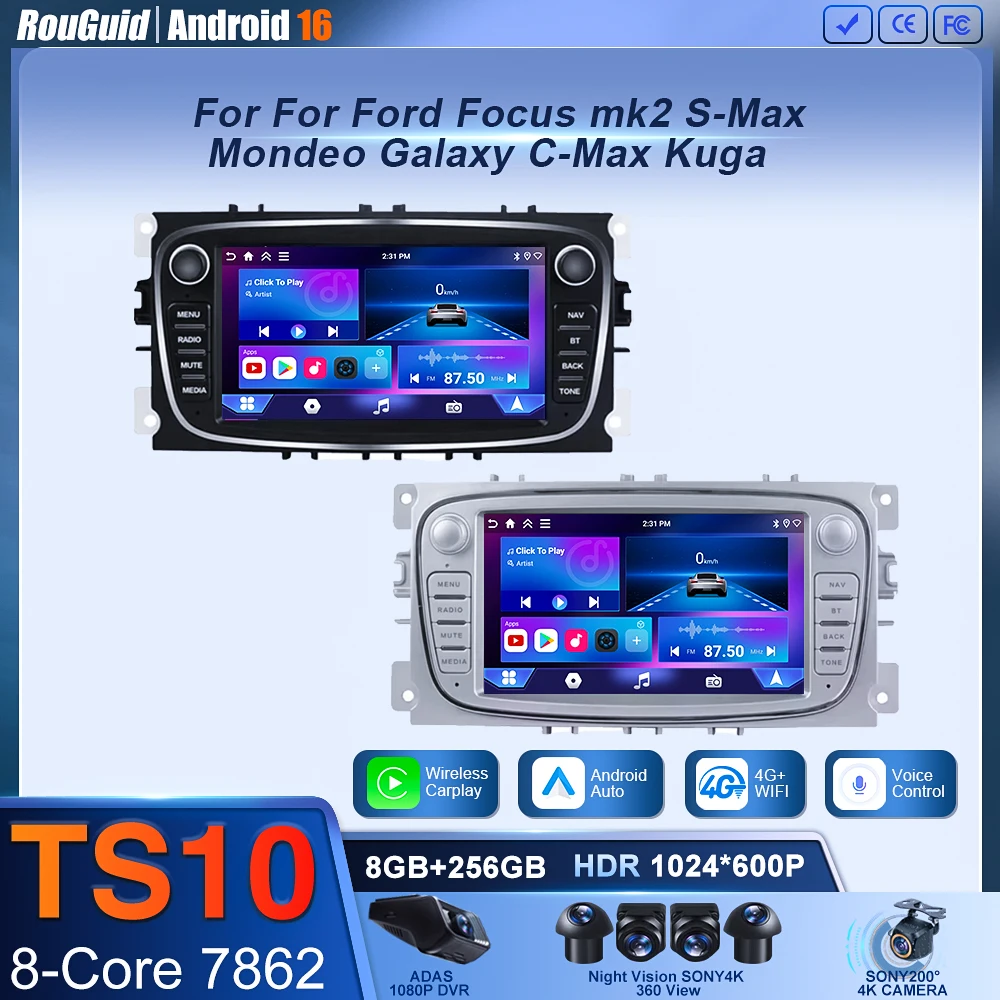 Фото Автомагнитола Android 16 для Ford Focus mk2, S-Max, Mondeo, Galaxy, C-Max, Kuga с беспроводным CarPlay, мультимедиа, Bluetooth и навигацией №2