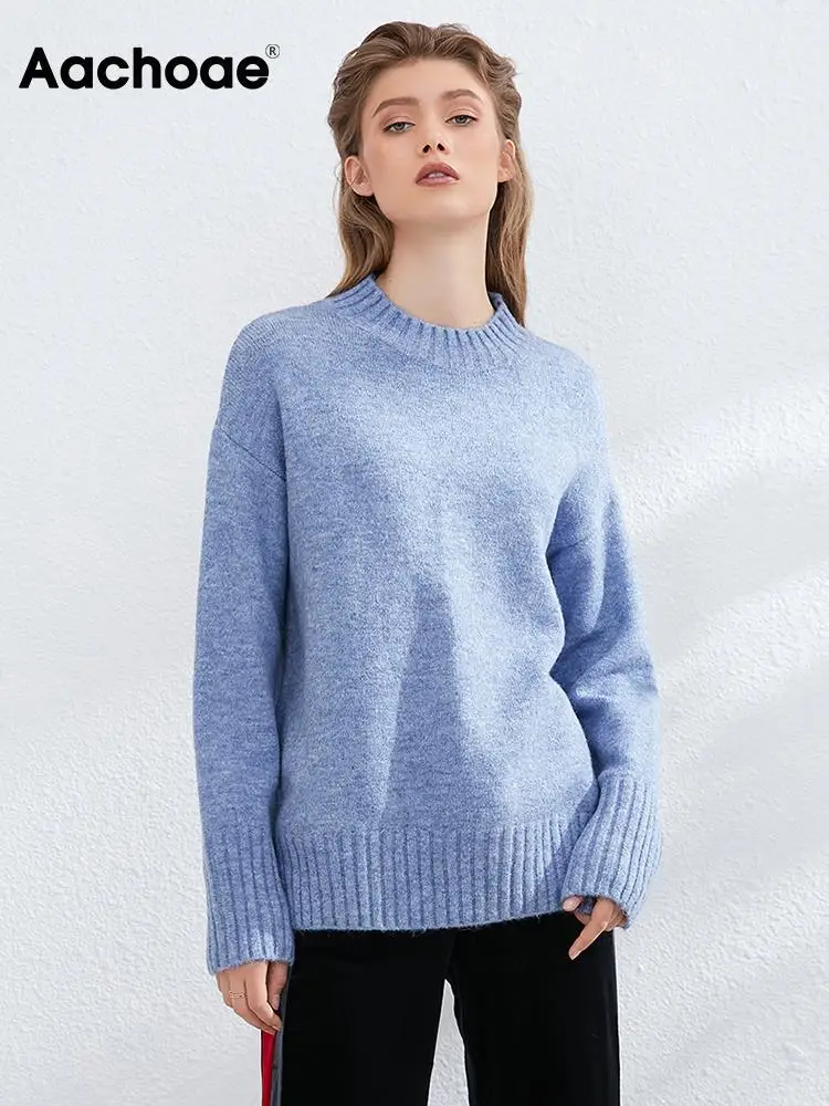 

Aachoae Autumn 2021 Women Basic O Neck Printed Sweater Vintage Batwing Long Sleeve Jumper Tops Female Casual Loose Sweaters