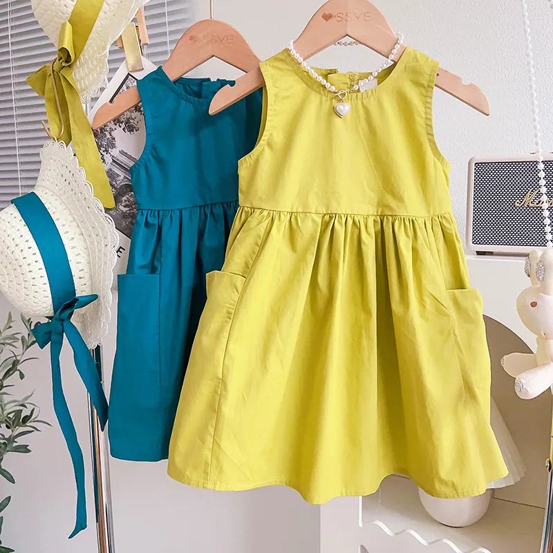 

2023 Summer New Arrival Girls Sleeveless O Neck Ruffles Loose Yellow Hat Roupa Infantil Menina Cute Party Dress Custume 12M-7T