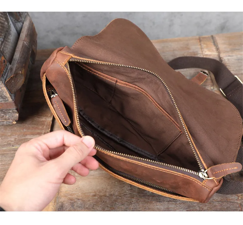 Vintage fashion designer natural crazy horse cowhide men's chest bag travel multifunctional genuine leather shoulder bag satchel