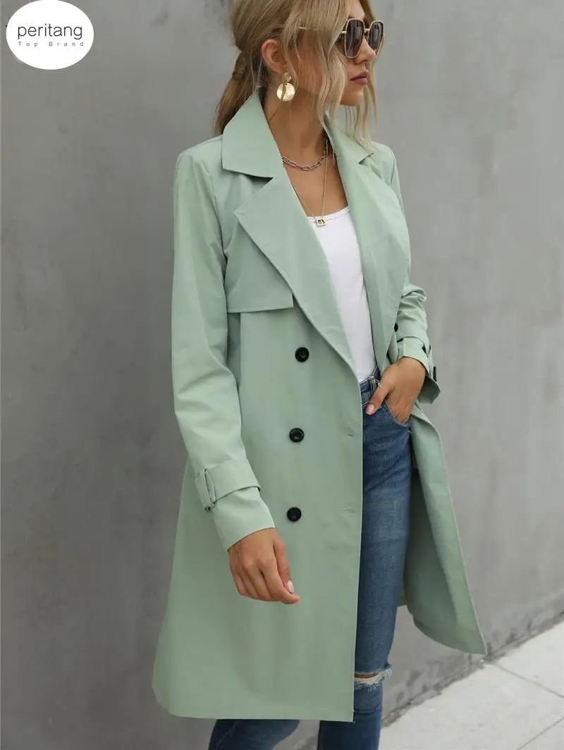 

Fashion Women Casual Solid Color Coat Adults Autumn Elagant Fashion Long Sleeve Lapel NeckDouble Breasted Belted Trench Coat