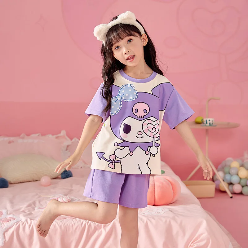 

2023 New Sanrio Kuromi Cinnamoroll My Melody Cartoon Cute Childrens Pajamas Summer Short-Sleeved Thin Suit Home Service Suit