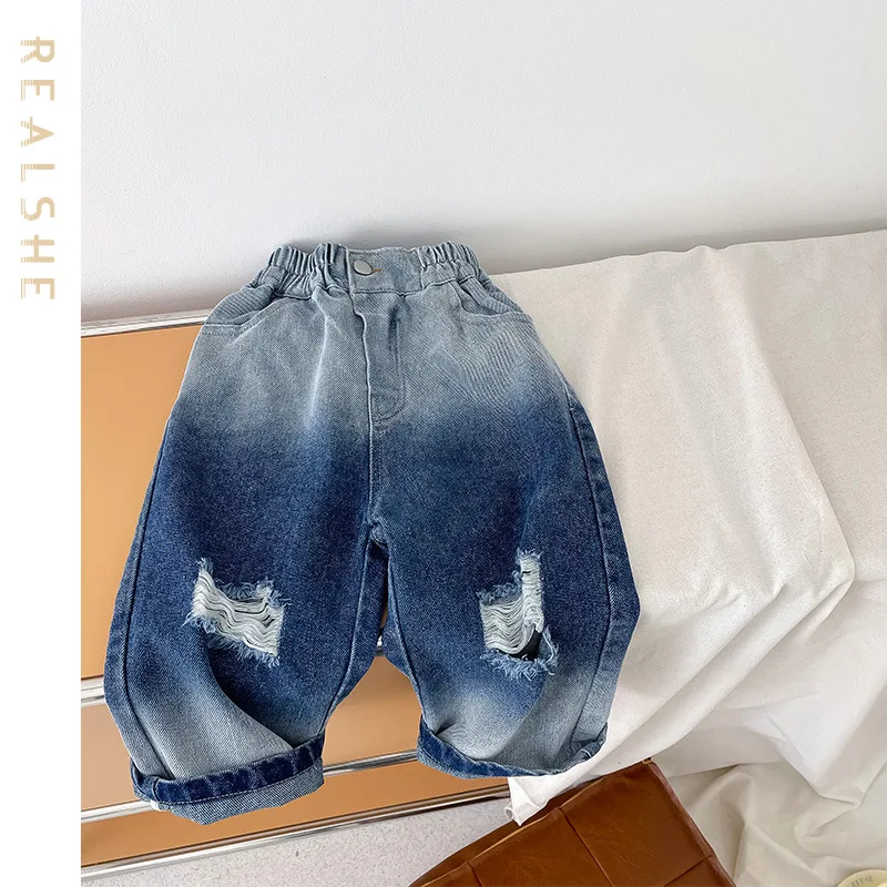 

2023 Early Autumn Hole Jeans for Baby Clothes Casual Straight Leg Pants Kids Fashion Loose Pants Children's Clothing