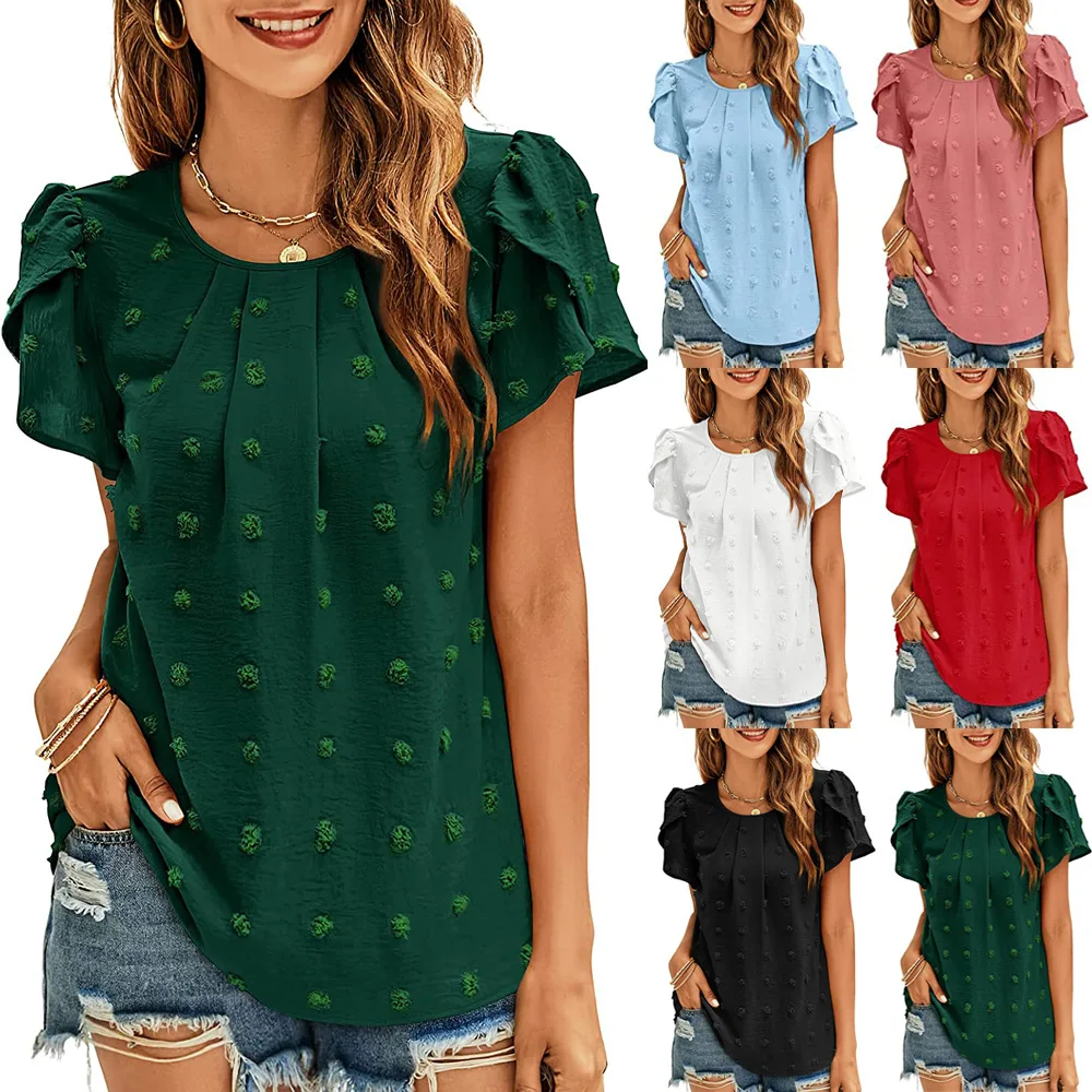 

Новинка 2023, женская рубашка, официальное платье, повседневный летний плиссированный топ с рукавами-лепестками, швейцарская рубашка в горош...