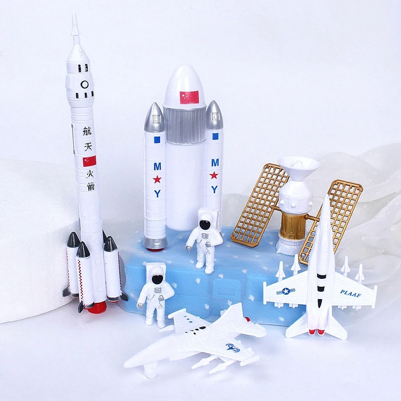 1Set Rocket Toy Space Series Rocket Plane Satellite Astronaut Model Cake Decor Spaceship Model Toys