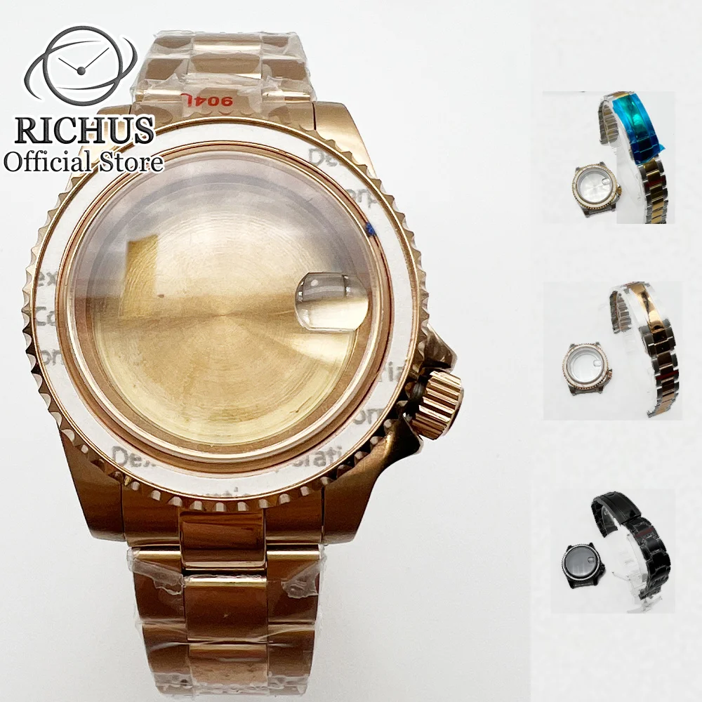 40mm black gold pvd Glass/Solid Watch Case Oyster strap Fit NH35 NH36 ETA 2824 PT5000 ST2130 movement Watch Accessories Parts