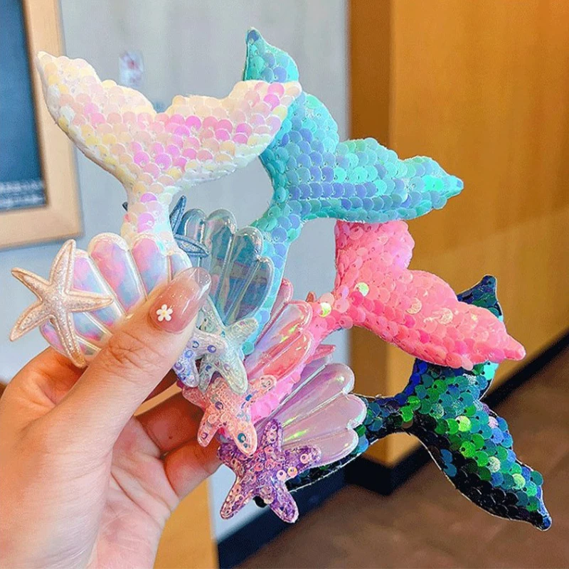 Ful Sequin Fish Tail Starfish Shell Mermaid Hair Clips For Girl Kids Cute Kawaii Fancy Hairpin Fashion Accessories Gift