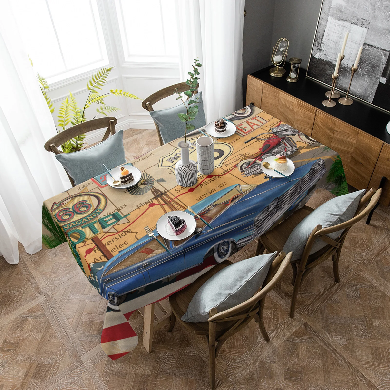Retro Route 66 Poster Tablecloth Kitchen Rectangular Dining Table Waterproof Sofa Coffee Mat | Дом и сад
