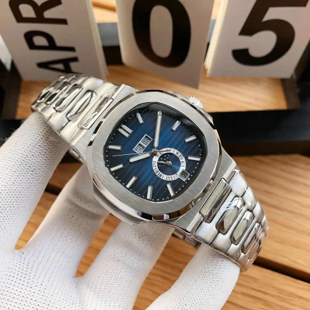 Новые мужские автоматические механические часы Nautilus Boutique нержавеющая сталь Дата нержавеющая сталь Moonphase