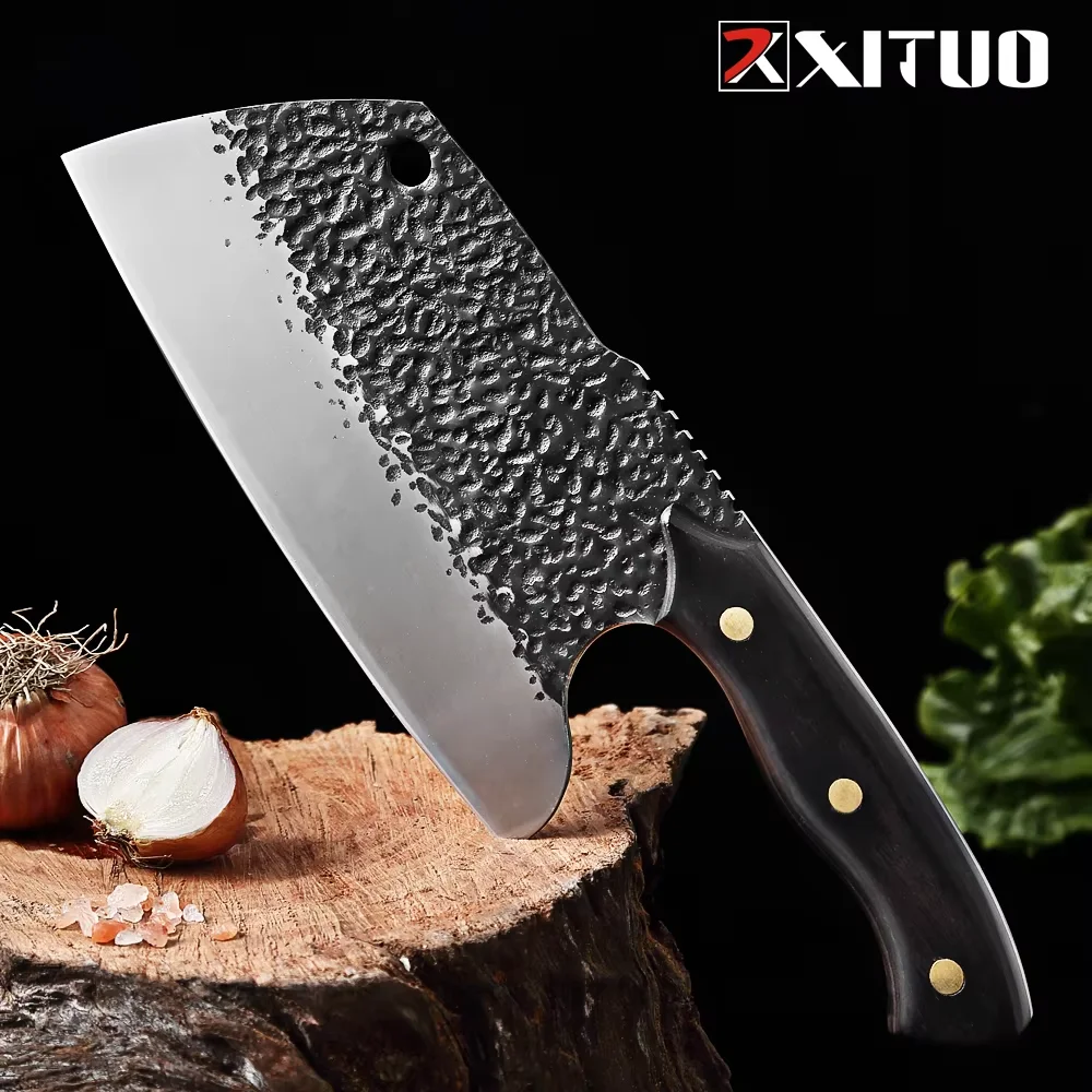 Фото Кухонный нож XITUO ручной ковки, мясницкий нож из высокоуглеродистой стали 5CR15, тесак для мяса и овощей, нож для нарезки №1