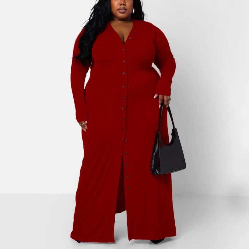 4XL 5XL Plus Size Dresses for Women Single Breasted V Neck Full Sleeve Bodycon Floor Length Elegant Large Party Birthday Dress