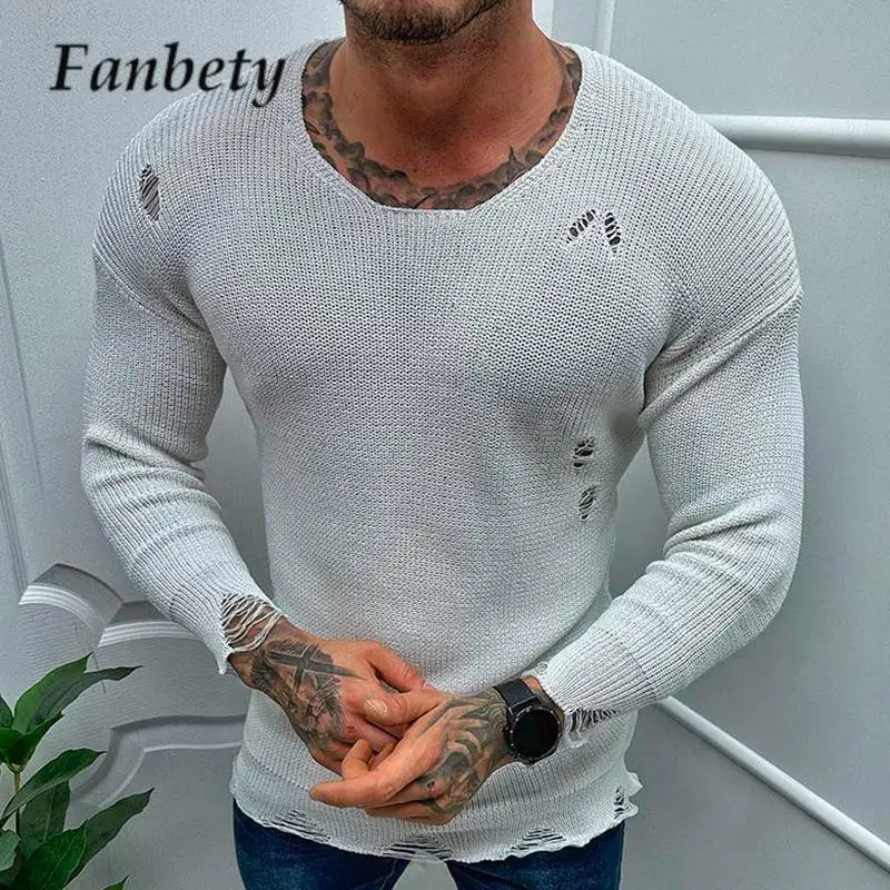 

Мужской трикотажный свитер с дырками, однотонный тонкий рваный топ с круглым вырезом и длинным рукавом, приталенный пуловер, весна-лето 2023