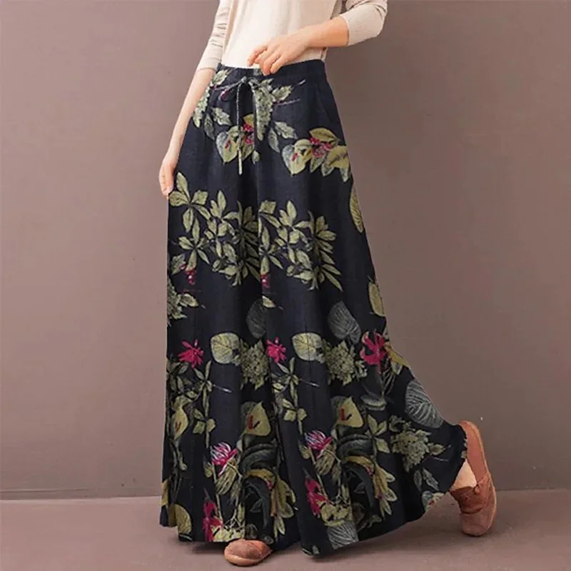 Retro Women Printing Wide Leg Pants Spring Autumn Fashion Drawstring Elastic Waist Trousers Ladies Casual Loose Pocket