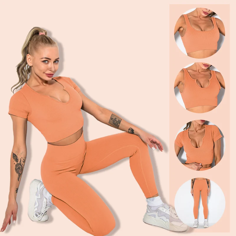 

LANSWE Seamless Women Yoga Set Sportswear Gym Clothing Sport Set Women High Waist Seamless Leggings Fitness Sport Bra Crop Top