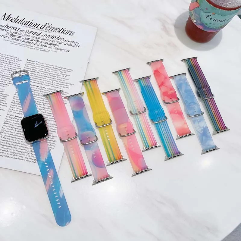 Rainbow Silicone Strap Is Applicable To Apple 49/41/40/45/44/42/38Mm Transparent Jelly Strap Is Applicable To Iwatch6/5/7/8 Se 4