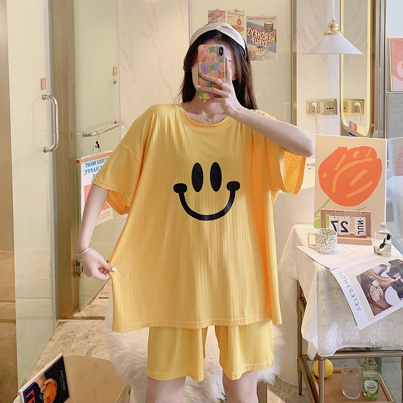 Pajamas Women's Summer New Round Neck Printing Two-piece Korean Version Loose Plus Fertilizer To Increase Home Wear