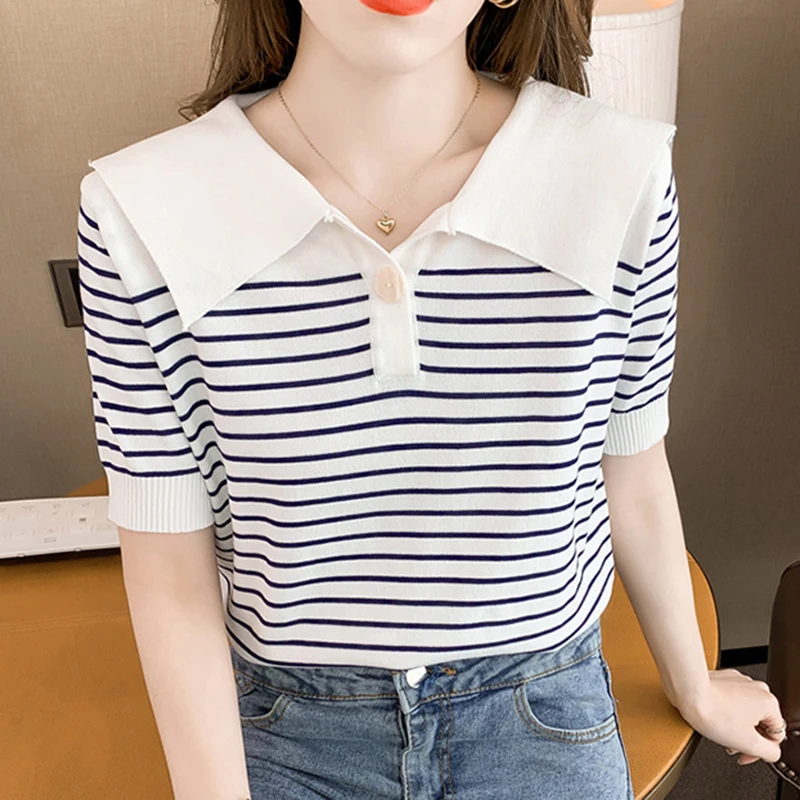 

Knitted Tops Striped T Shirt Women Short Sleeve Tshirts Turn-Down Collar Tee Shirt Femme Korean Clothes 2023 Summer Camisetas
