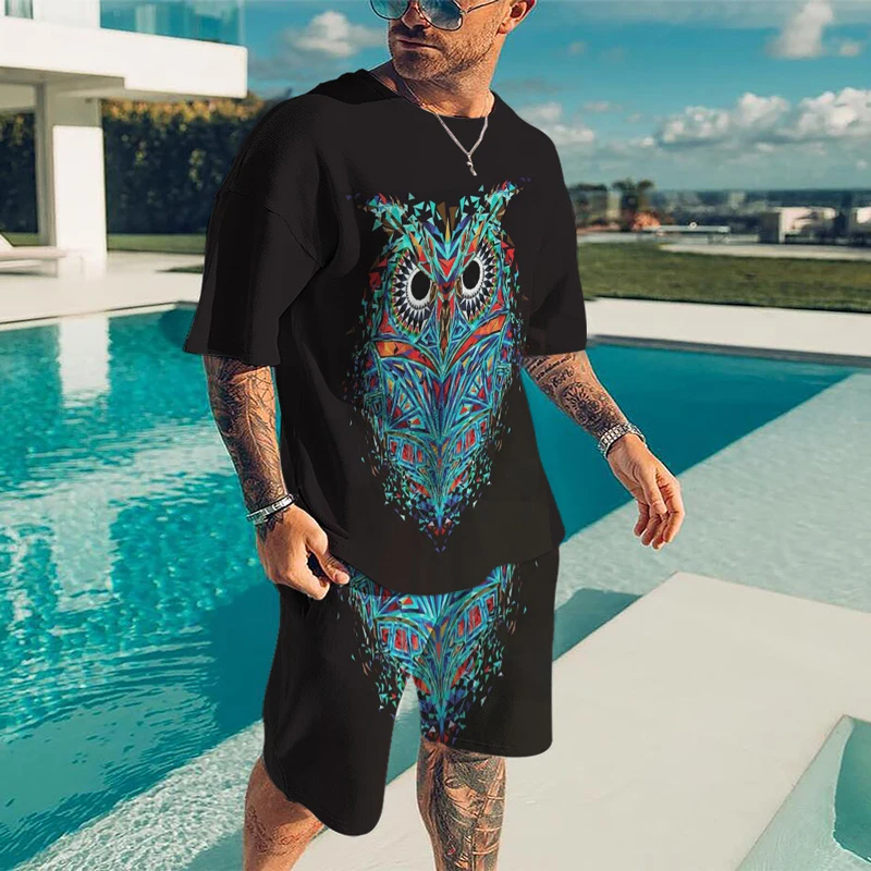 2023 Summer Tracksuit Short Sleeve Fashion Clothing For Men 3D Printed Set Casual T-shirt Top O-neck Owl Pattern Oversized