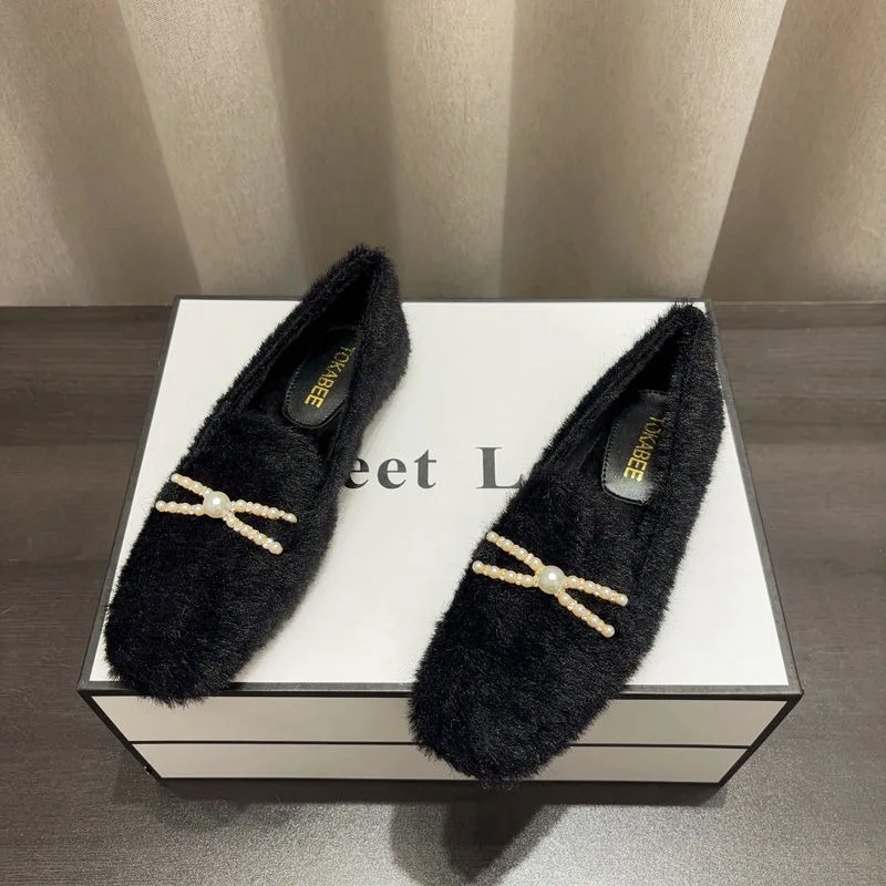 2024 плюшевые тапочки для женщин милые домашние туфли с бантом из бисера замшевые