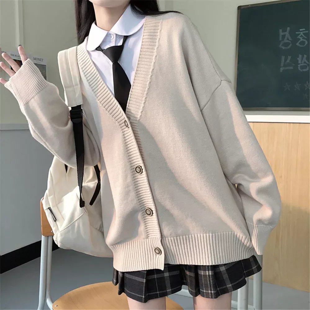

New2022 fashion College Loose V-neck Cardigan 2021 New Sweater Female Outer Wear Sweater Coat japanese school uniform ZY6090