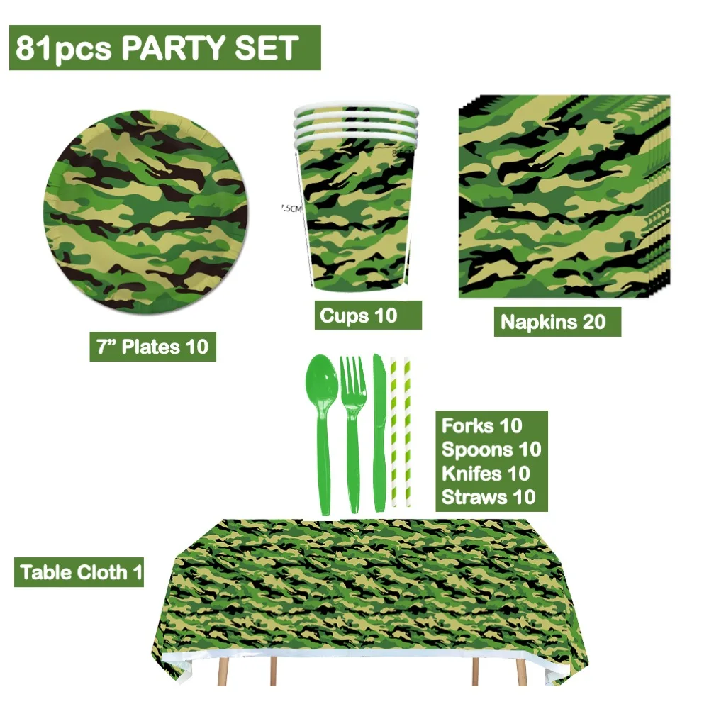 

Army Green 81pcs set Plates Cups Napkins For Birthday Baby Shower Wedding Dinner Anniversary Children' Events Inauguration Party