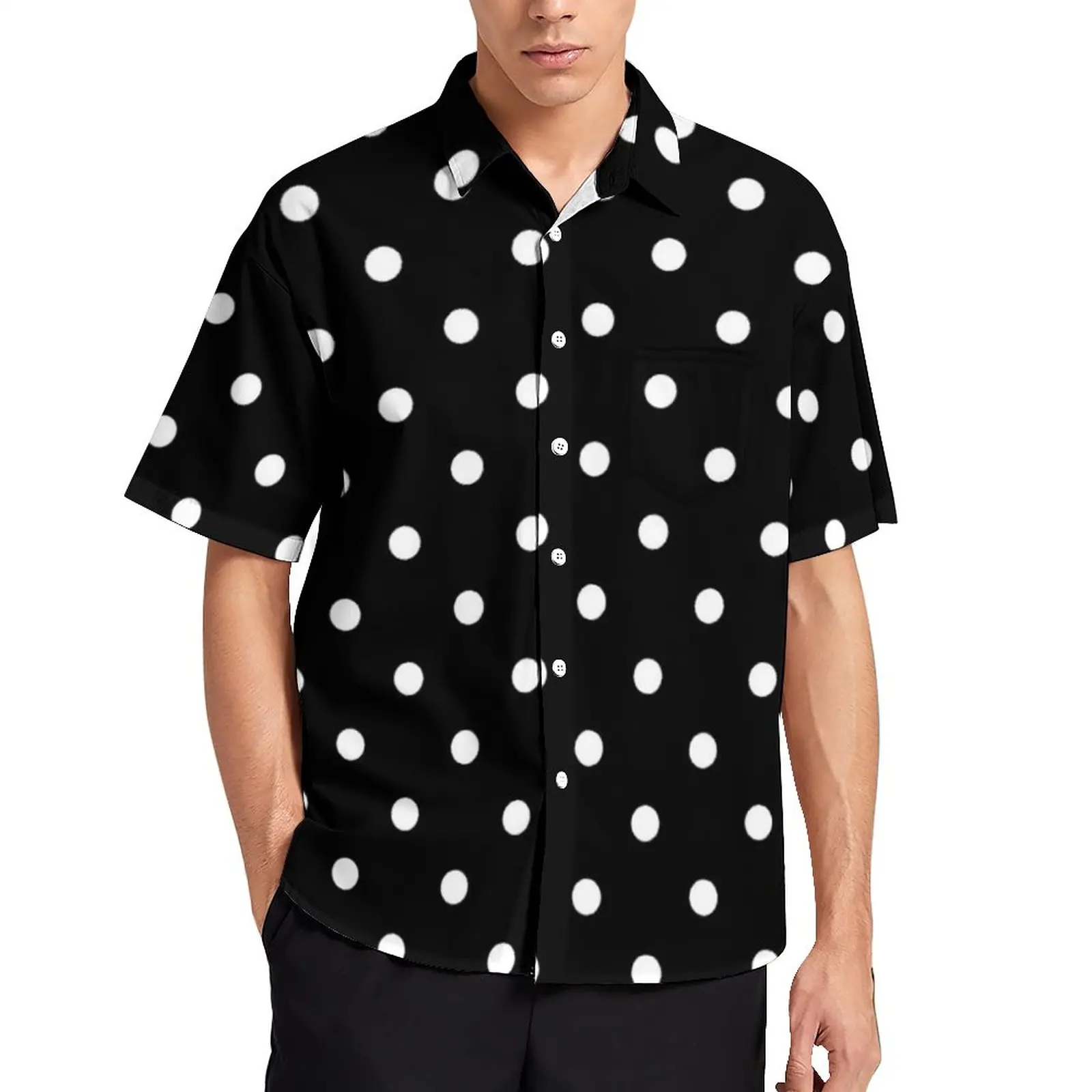 

Vintage 80S Black White Loose Shirt Male Beach Classic Polka Dots Casual Shirts Hawaiian Custom Short Sleeve Oversized Blouses
