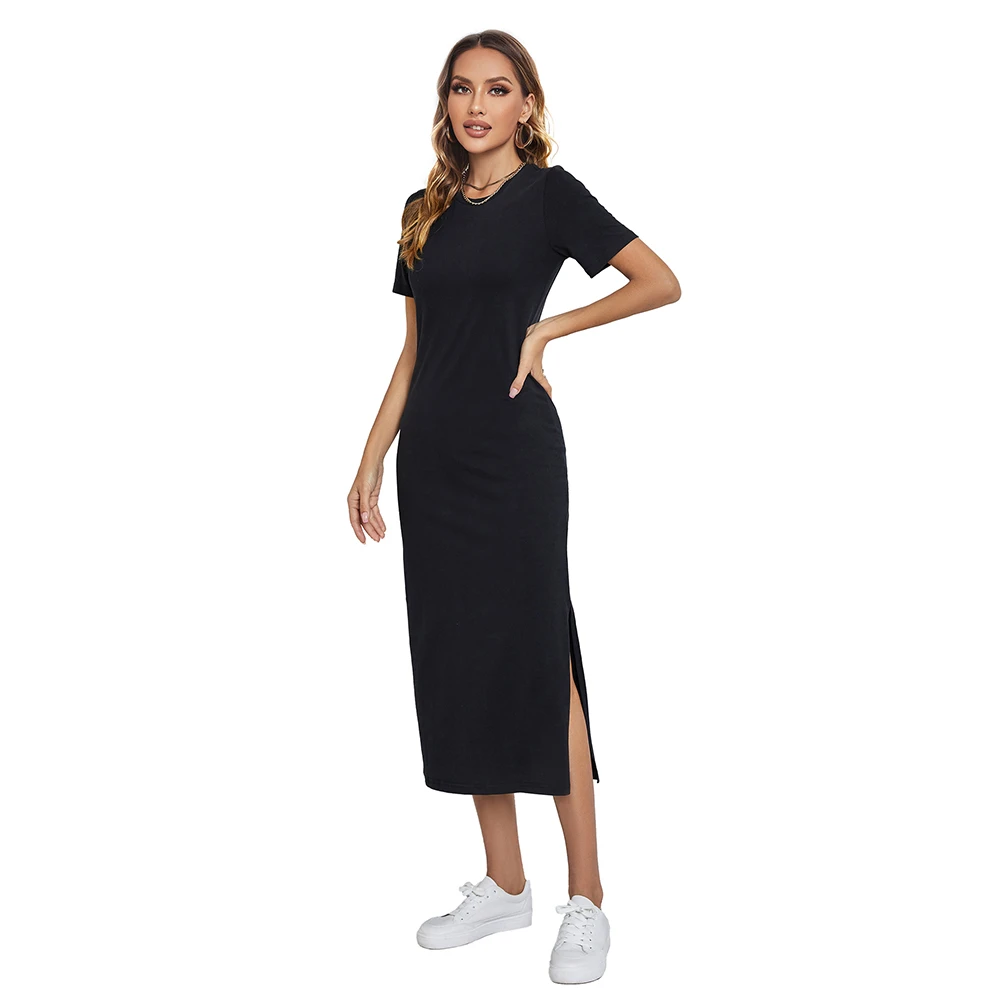 

T Shirt Dress Women's Summer Casual Beach Party Bodycon Sexy Boho Elegant Solid Color Black High Slit Vintage Sun Long Dresses