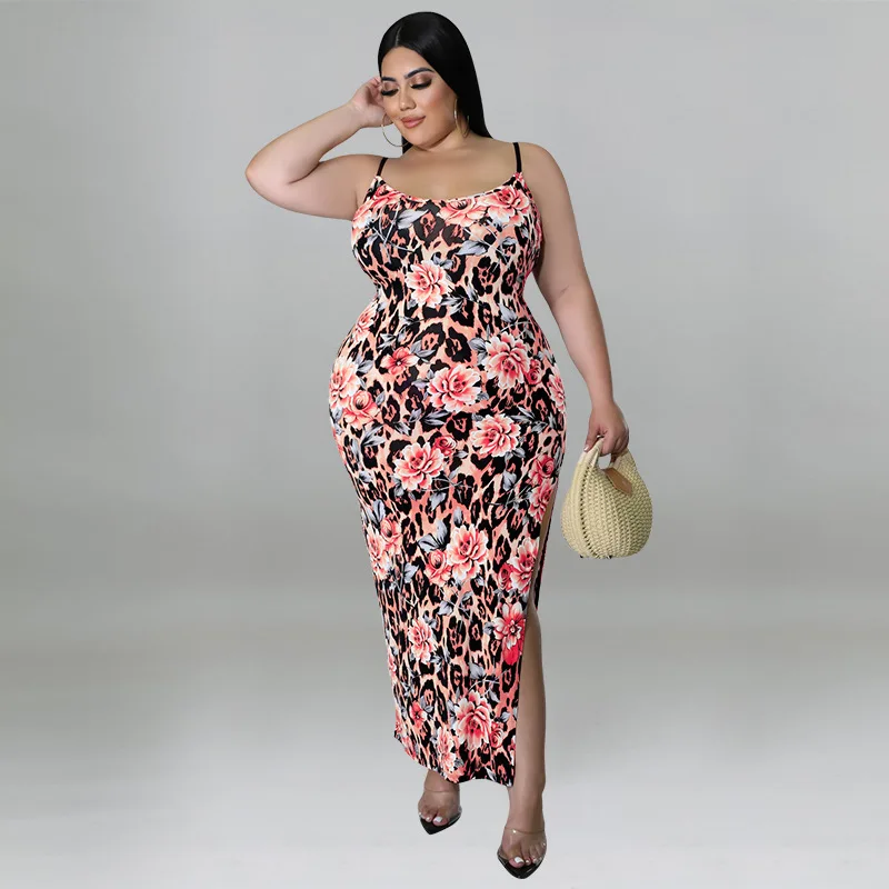 Summer new dress flower print suspender sexy bag hip slit plus size dress elegant fashion tight dress wholesale direct sales