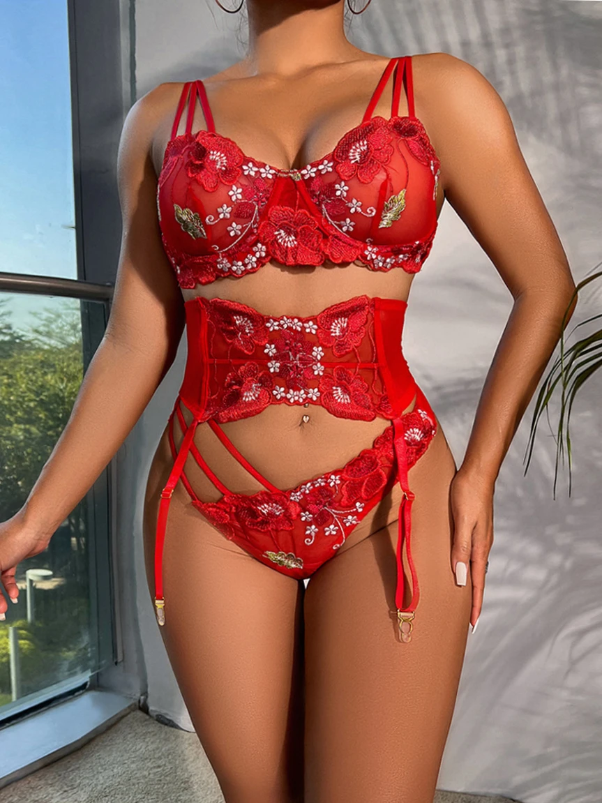 

Sensual Lingerie Woman Exotic Clothes 3 Pieces Set Red Erotic Underwear Lace Floral Embroidery Transparent Thong Garter Bra Suit