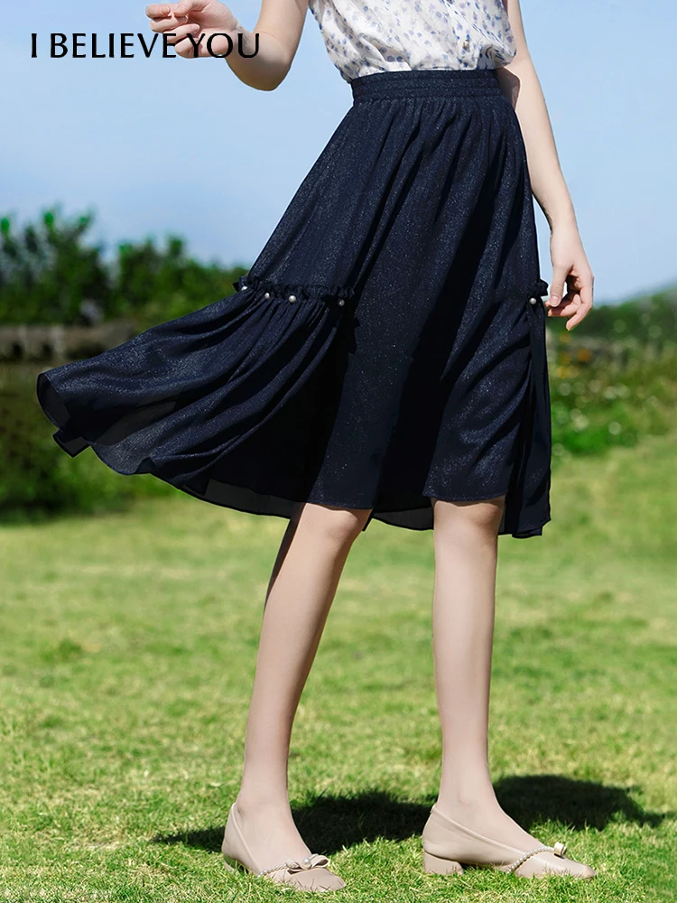 

I BELIEVE YOU Spring New Beading Women's Skirt Elastic Waist Calf-Length Aline Skirt Casual Slim Bling Pleated Skirt 2221024377