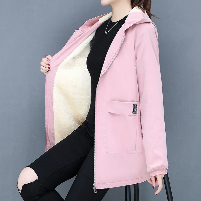 Autumn and Winter 2022 New Korean Thickened Warm Lamb Wool Cotton Shirt Women's Medium Long Versatile Loose Hooded Coat Female