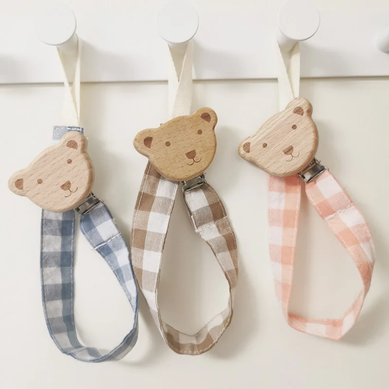 

Bear Pacifier Clip Cotton Lattice Wooden Pacifier Chain for Baby Teething Soother Chew Toy Dummy Clips Baby Stroller Pendant