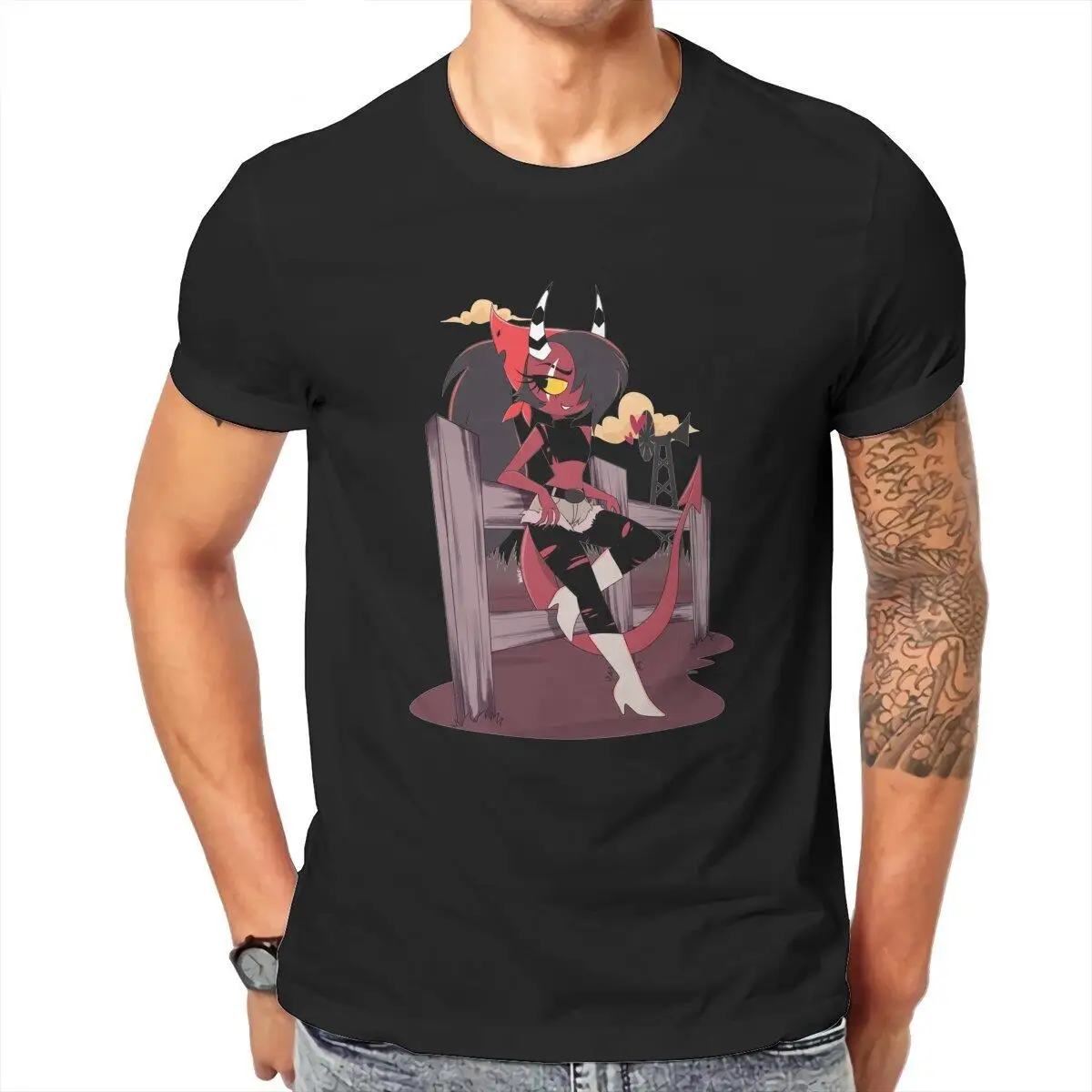

Sallie May Helluva Boss T Shirts Men 100% Cotton Fashion for Male T-Shirts O Neck Anime Tees Short Sleeve Clothing Adult