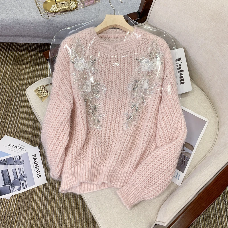 

Свитер женский оверсайз с бисером и блестками, Модный вязаный розовый пуловер в Корейском стиле, джемпер с длинным рукавом, Y2k