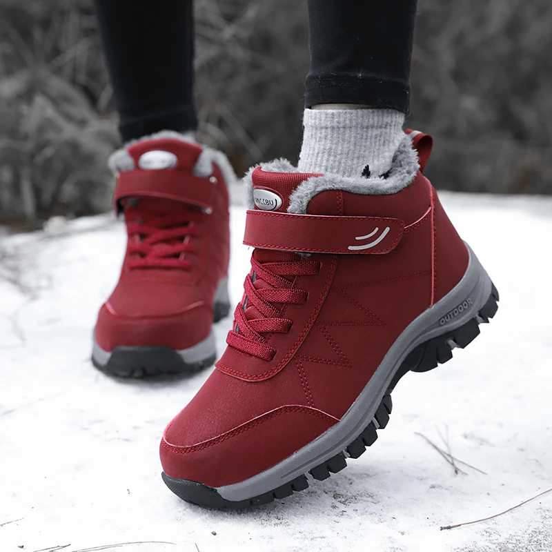 Men Boots Winter Plush Leather Couple Sneakers Large Size Outdoor Warm Boots Casual Hiking Shoes Lace Up Hiking Boots Zapatos