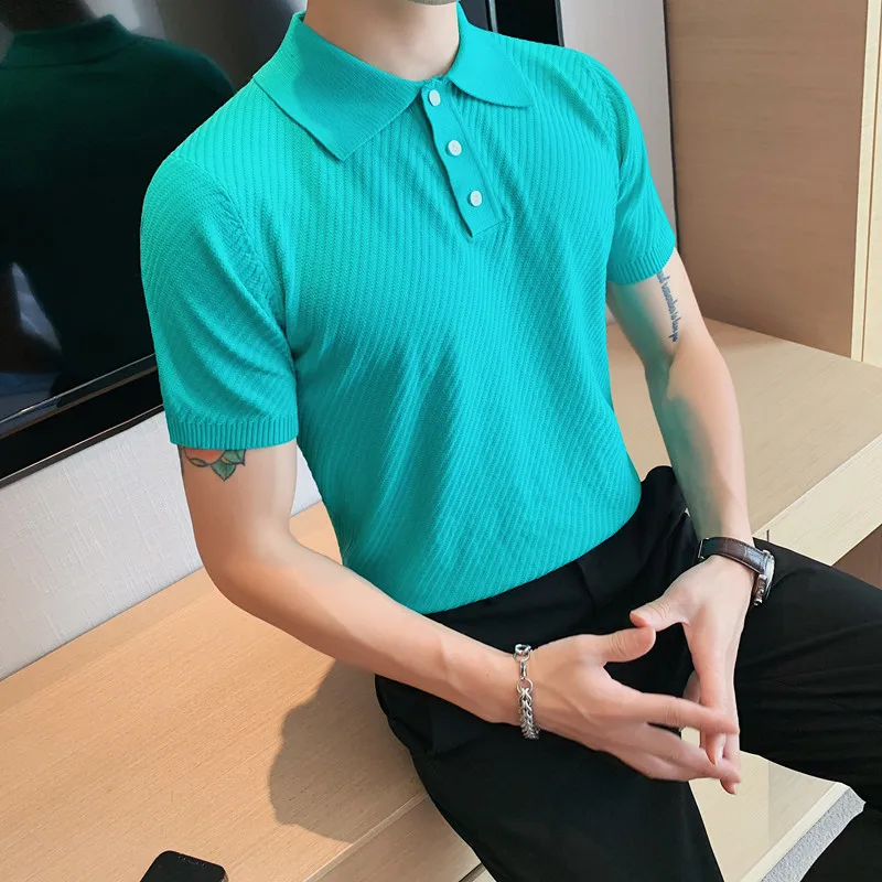 

2022 Spring Summer Knit Polo Shirt Men Casual Turn-down Collar Button-up Fashion Striped Solid Slim Tops knitting Fabric T-shirt
