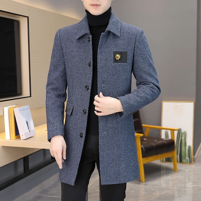 2022 Winter Long Woolen Jackets Men Business Formal Trench Coats Casual Slim Fit Social Overcoat Office Streetwear Windbreaker