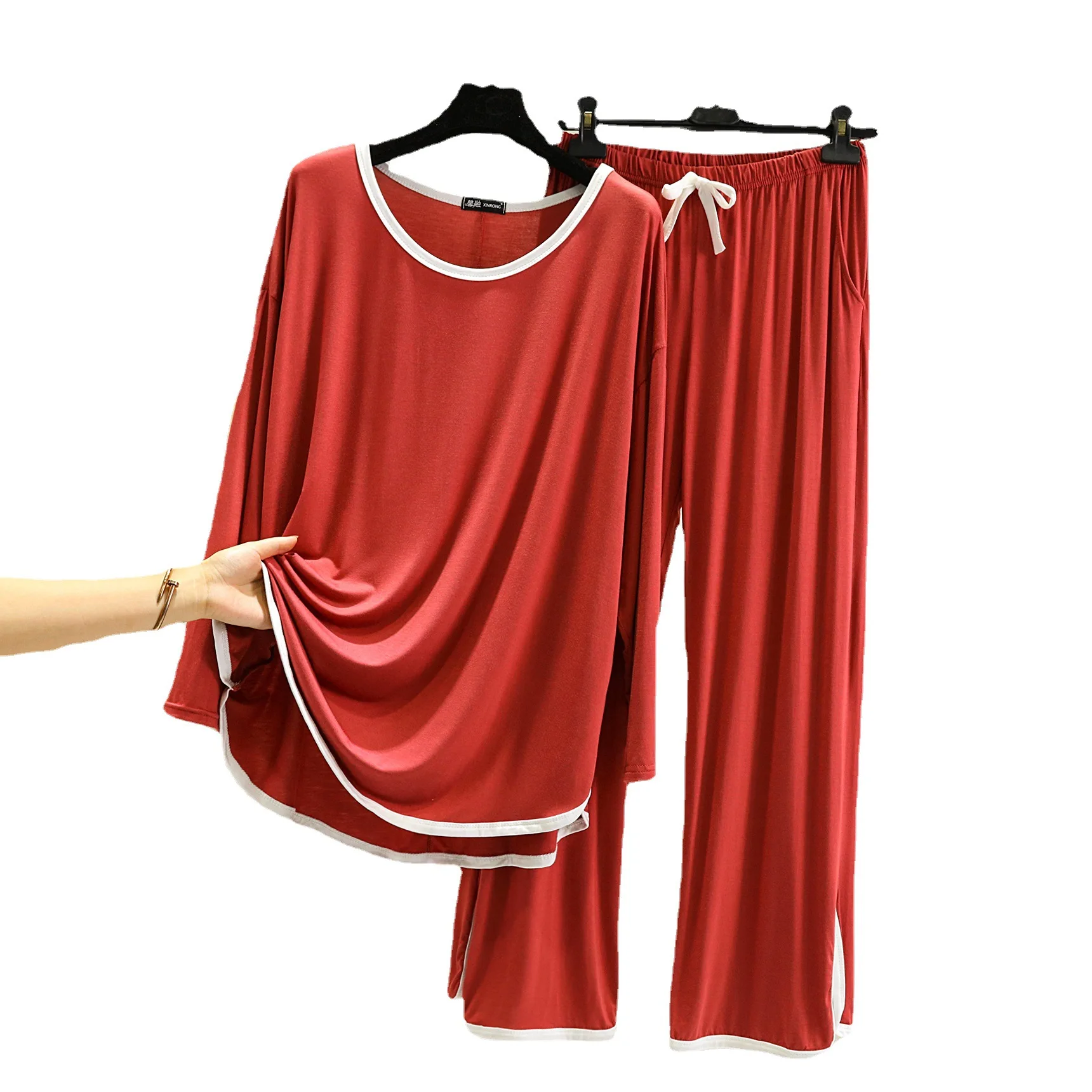 The new spring and autumn women's o-neck long sleeve T-shirt big pants open pocket matching individual householdwear comfortable