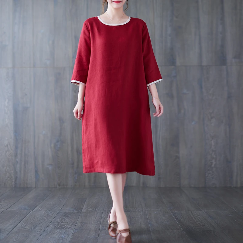 

Женское винтажное платье с рукавом три четверти, из мягкого хлопка и льна, свободное повседневное весеннее платье в стиле пэчворк, Новинка лета-осени 2022