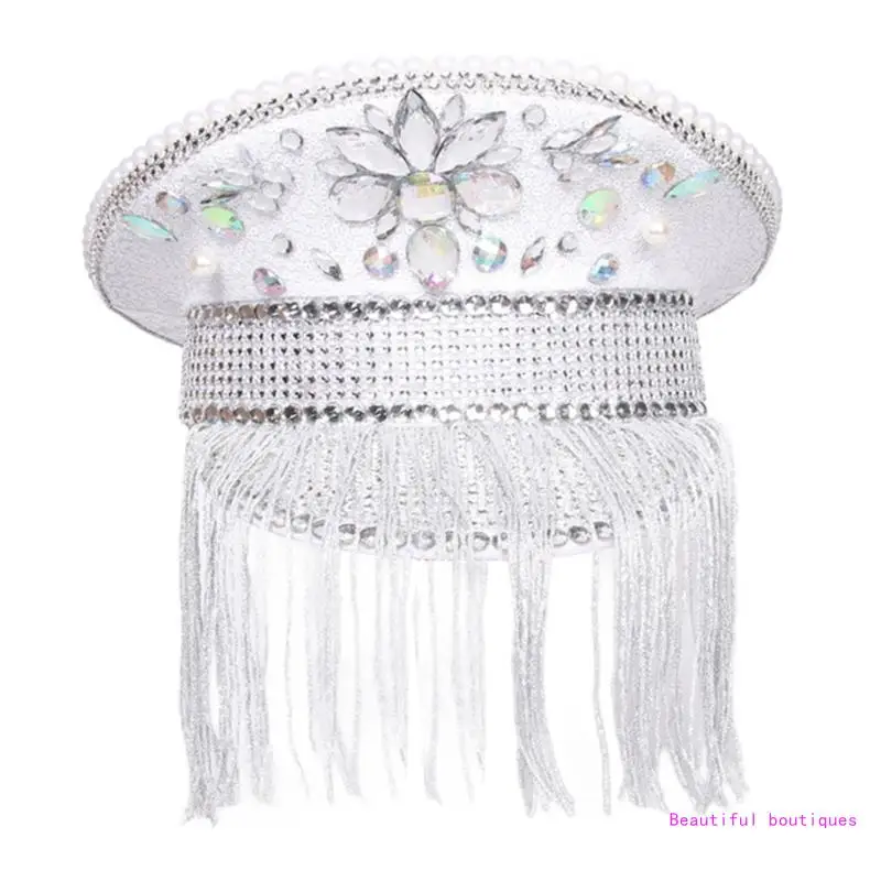 

Bejeweled Crystal Captain Hat Hat for Bachelorette Party Sergeant Hat Versatile for Club Stage Bar DropShip