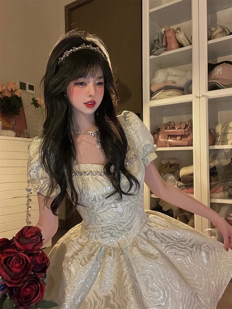 

Elegant Vintage Mini Dress Women 2023 New Puff Sleeve Casual Party Retro Dress Female Kawaii Fairy Lolita Dress Y2k Clothing