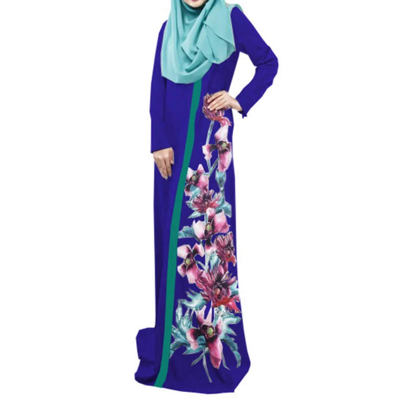 

MISSJOY Ramadan Eid Loose Women's Muslim Robe Dubai Print Silk Light Arab Turkish Muslim Dress Islamic Long Dress No Hijab