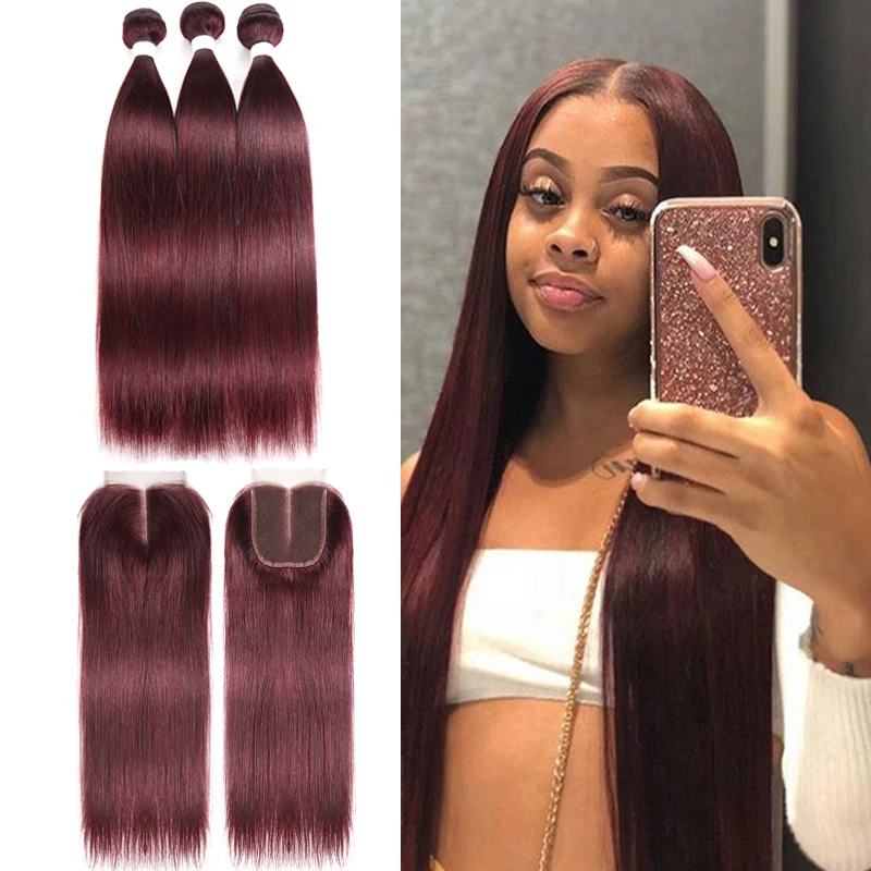 Straight Hair Bundles With Closure 4x4 99J/Burgundy Red Colored Human Hair Weave Bundles With Closure Brazilian Remy Hair 3 PCS