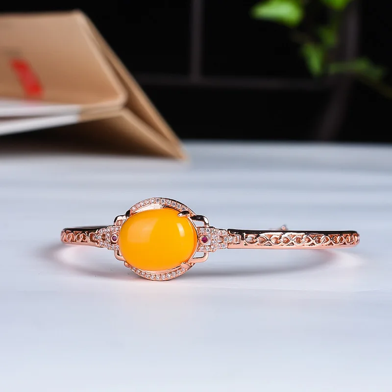 

100% Natural Amber Rose Gold Bangles Women Fine Jewelry Genuine Baltic Yellow Ambers Open Bangle Bracelets Girlfriend Mom Gifts