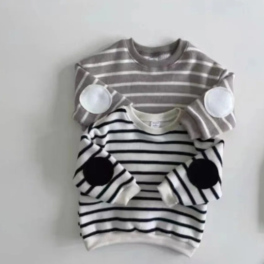 Модные Полосатые утепленные плюшевые комплекты для малышей 2024 корейский стиль