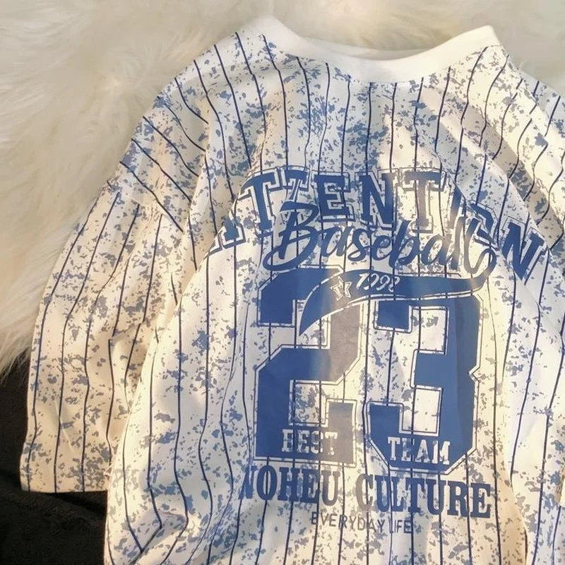 

2022 американские винтажные футболки в Вертикальную Полоску в стиле хип-хоп, топы большого размера с коротким рукавом, Графические футболки д...