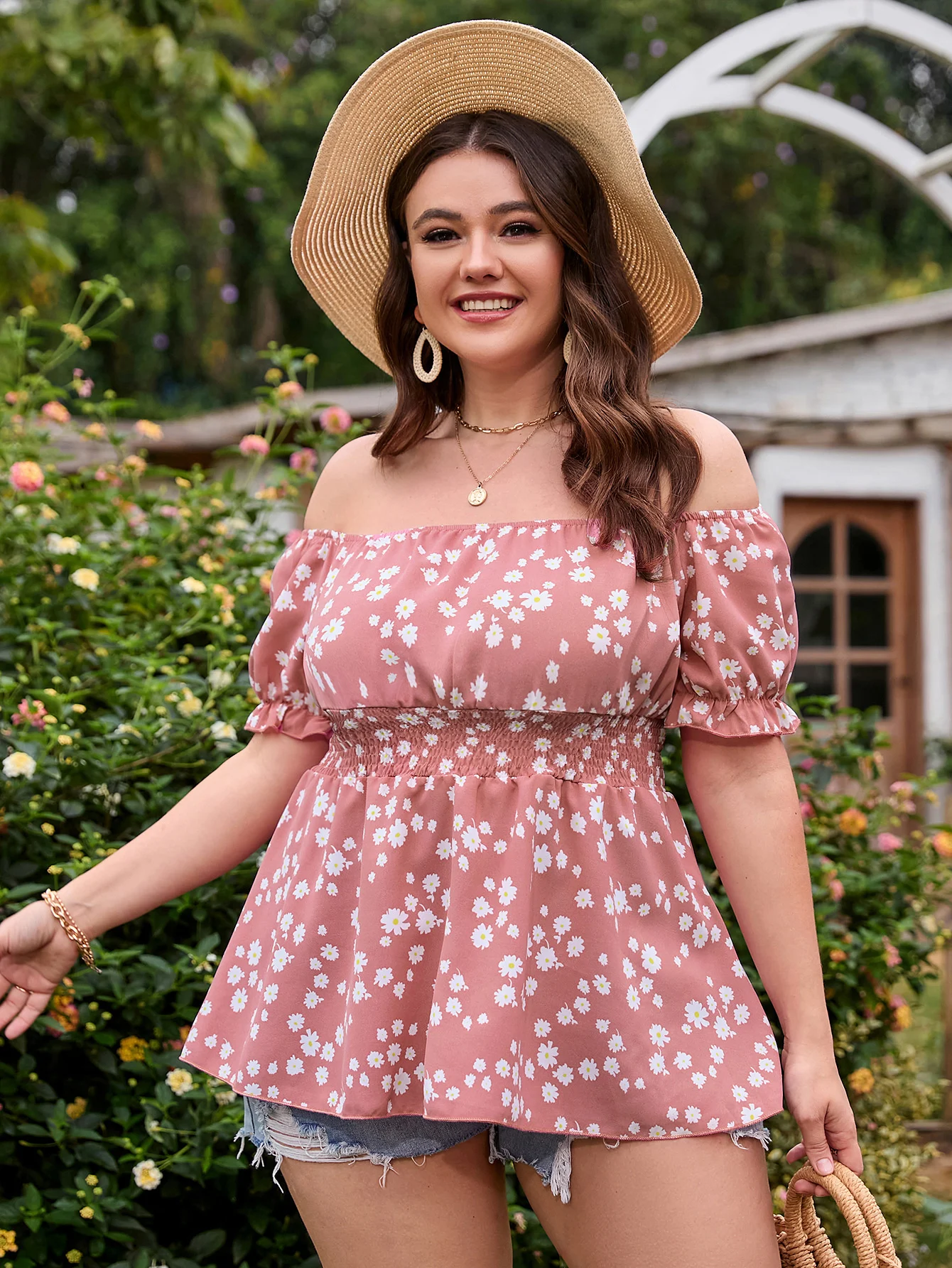 Plus Size 4XL Peplum Tunic Blouse Tops for Women Off Shoulder Pink Floral Print T-shirts Casual Summer 2023 Curvy Clothing