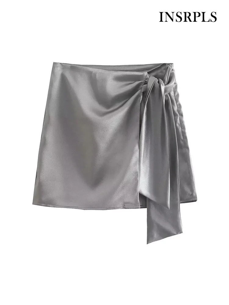 

INSRPLS Women Fashion With Bow Tied Satin Wrap Shorts Skirts Vintage High Waist Side Zipper Female Skort Mujer