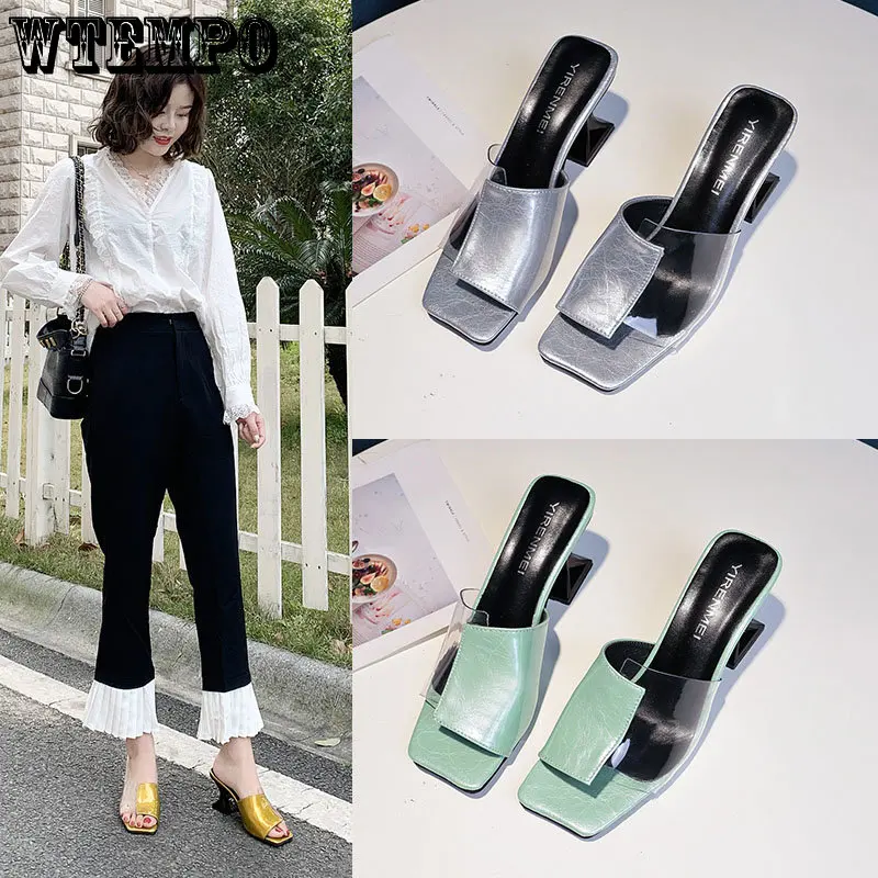 WTEMPO Women Strange Heels Shoes Patchwork Femmes Clear Sandales Square Open Toe Platform High Heels Slippers Wholesale